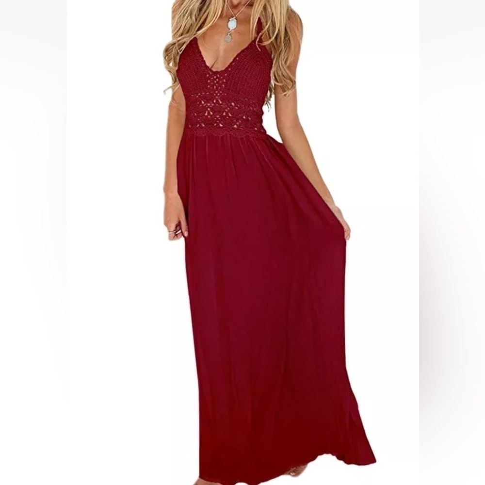 LILBETTER burgundy crochet halter Boho Maxi‎ Dress Sz S